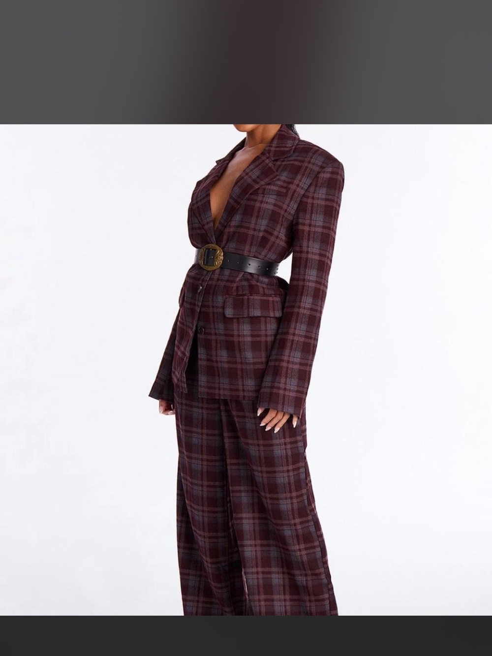 Fashion Nova Burgundy Plaid Blazer & Wide-Leg Pants Set